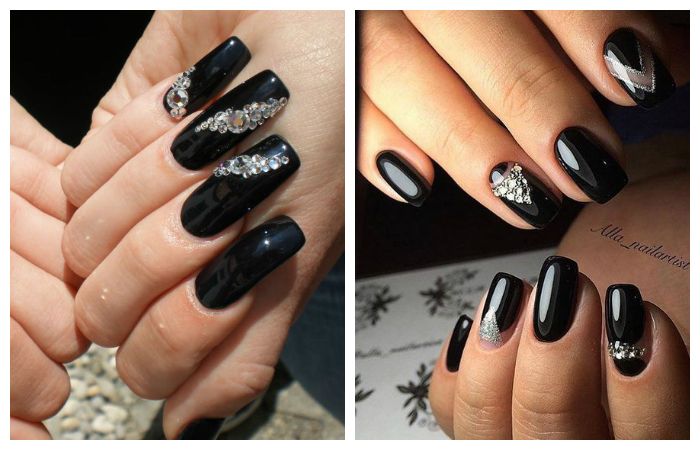 Черный дизайн ногтей со стразами, фото