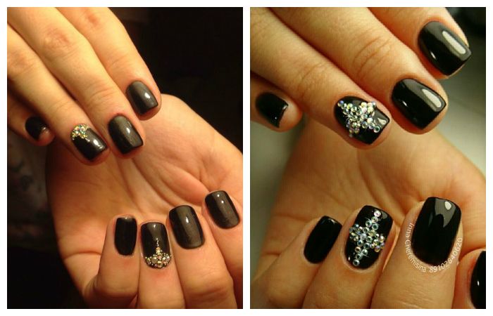 Черный дизайн ногтей со стразами, фото